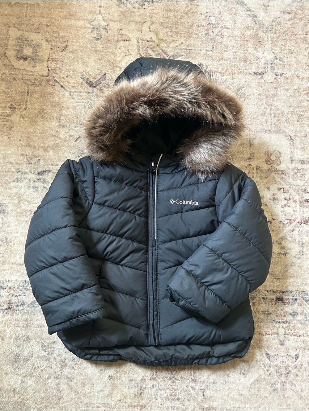 Columbia Black Kids Puffer Jacket with Faux Fur Trim Hood